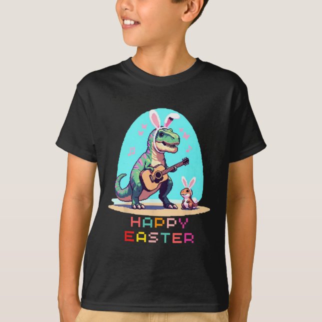 Camiseta Ovos de Felz pascoa T-rex Arte de Pixel da Imagem  (Frente)