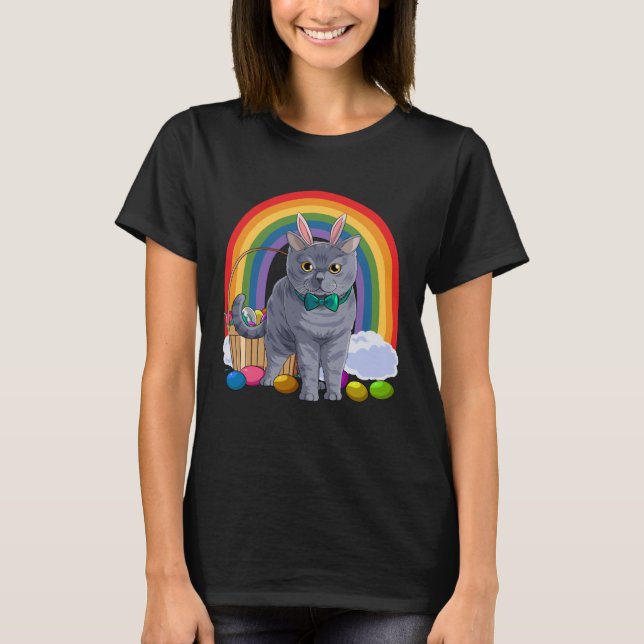 Camiseta Ovos de Páscoa Shorthair britânicos Bunny Cat Pull (Frente)