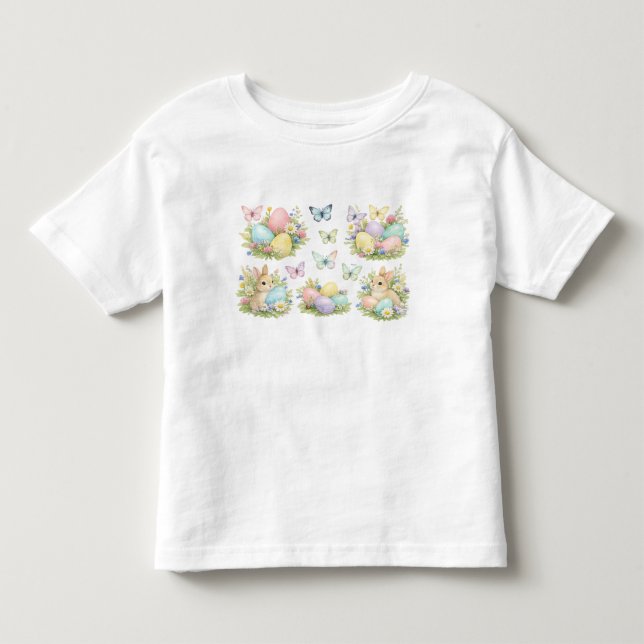 Camiseta Ovos e Coelhos de Páscoa em Pastel Flores e Borbol (Frente)