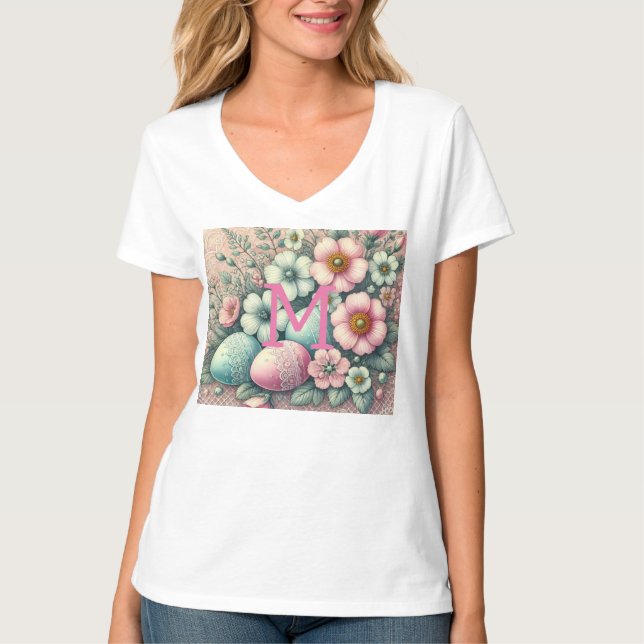 Camiseta Ovos florais cor-de-rosa com rendas monograma numa (Frente)