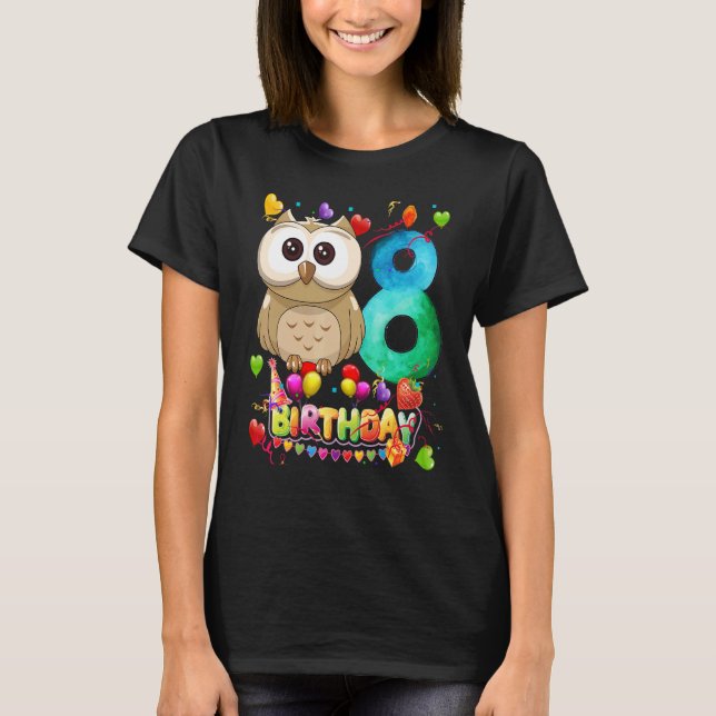 Camiseta Owl Birthday, 8 anos Crianças 8th Owl Aniversário (Frente)