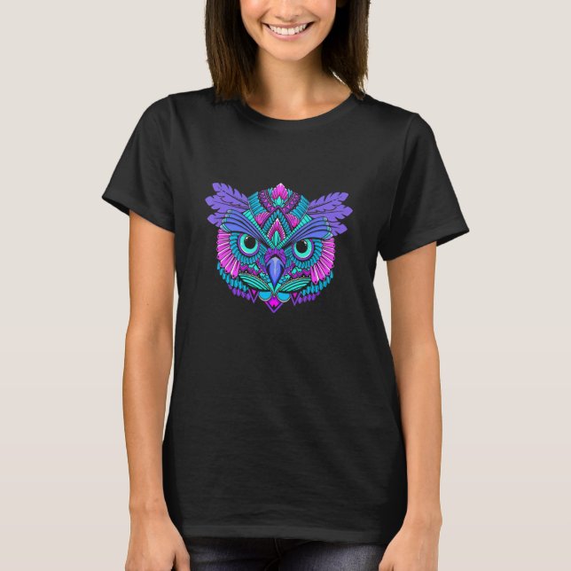 Camiseta Owl Mandala Feather Face Arte Colorida (Frente)