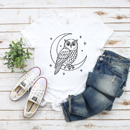 Camiseta Owl on Crescent Moon with Stars Line Art