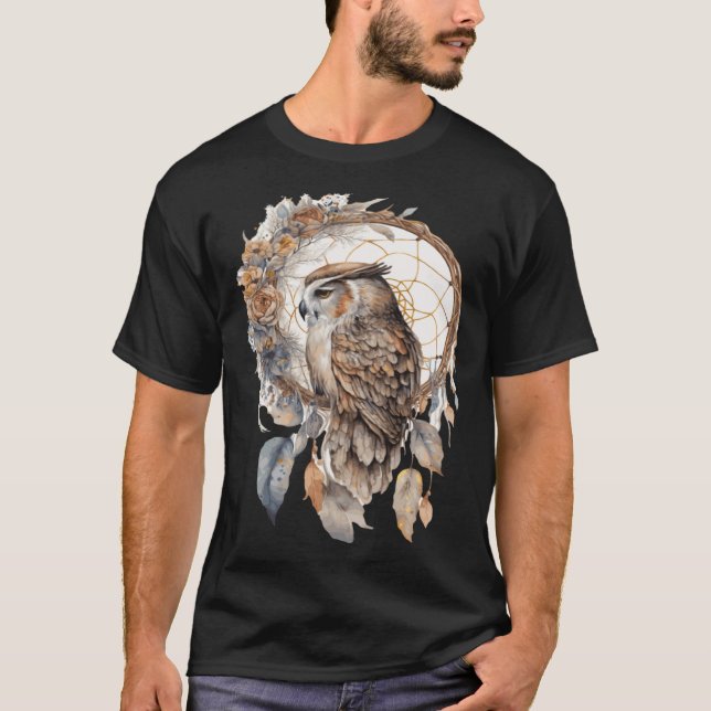 Camiseta Owl Tribal Watercolor Owl Dream Catcher  1 (Frente)