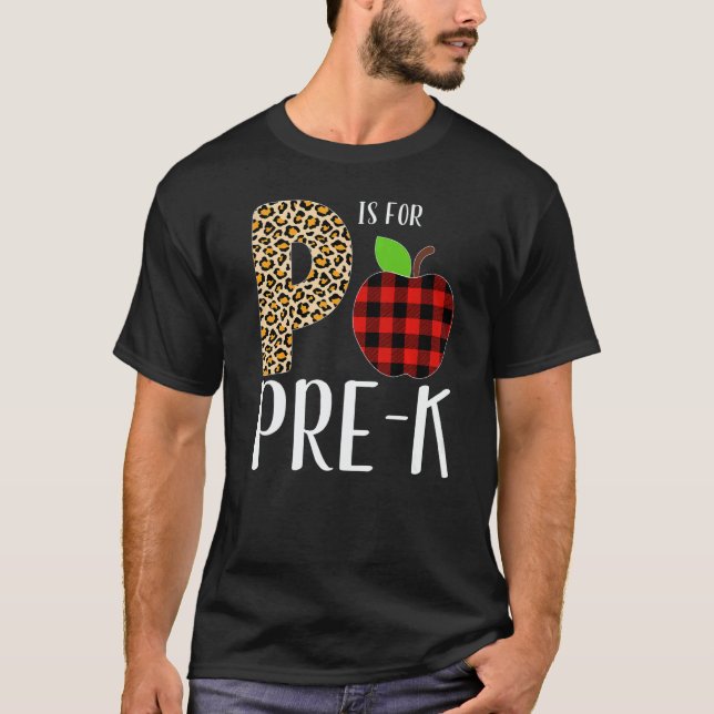 Camiseta P Is For Pre K Teacher Leopard Buffalo Plaid Kids  (Frente)