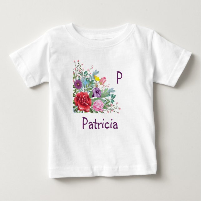 Camiseta P Patricia Personalize o nome da letra, Rosa Flore (Frente)