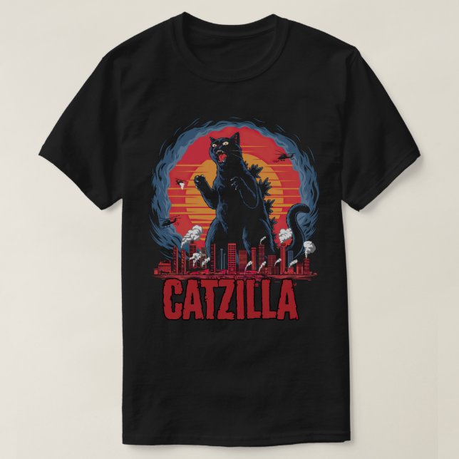 Camiseta PA38 Catzilla Giant Cat Funny Cat Feline Mãe Pai (Frente do Design)