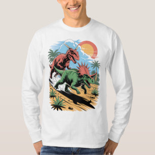 Camiseta Pachyrhinossauro correndo sobre um Carnotaurus