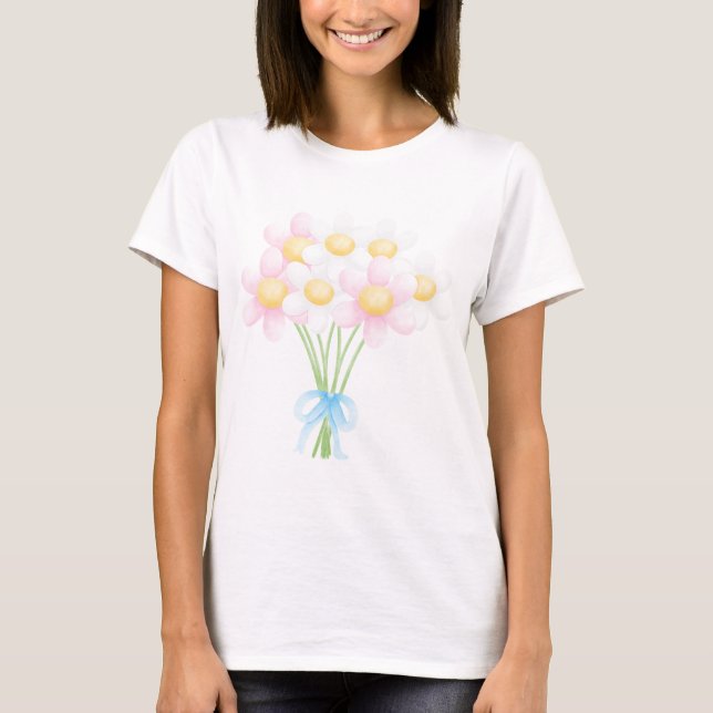 Camiseta Pacote de margaridas branco e rosa (Frente)