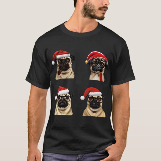 Camiseta pacote de pug de natal - pug fofo com óculos fuman (Frente)