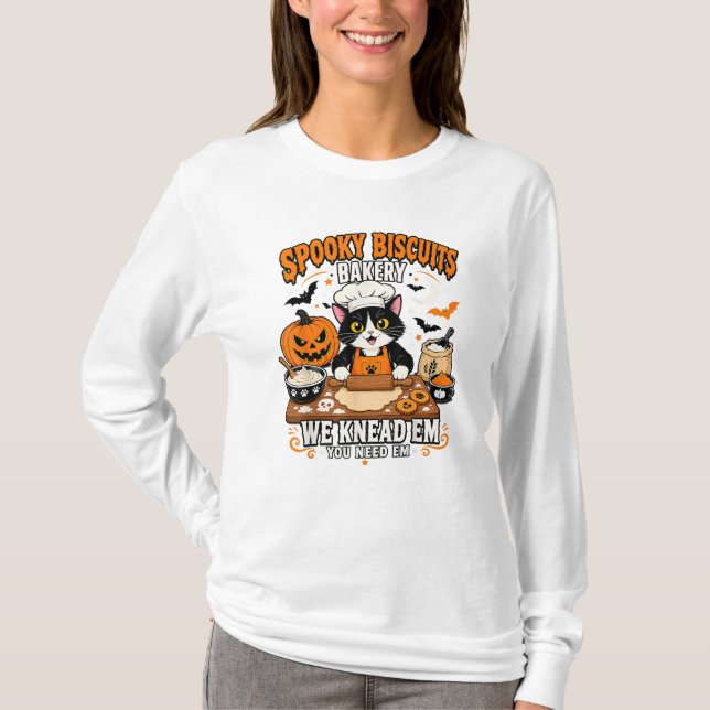 Camiseta Padaria de Biscoitos Assustadores Gato Preto Hallo (Frente)