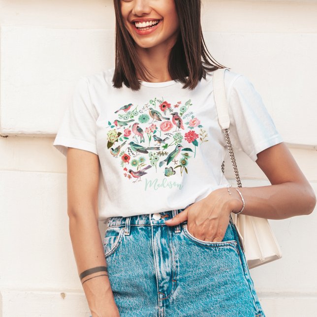 Camiseta Padrão Botânico de Pássaros Florais Fofos (Cute Floral Birds Botanical Pattern T-Shirt)