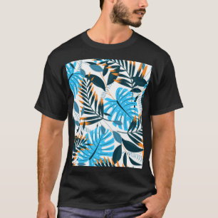 Camiseta Padrão Branco Brilhante de Folhas Tropicais