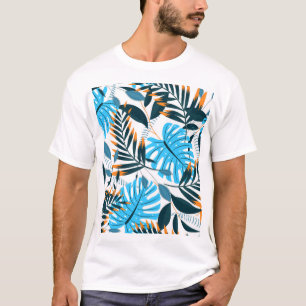 Camiseta Padrão Branco Brilhante de Folhas Tropicais