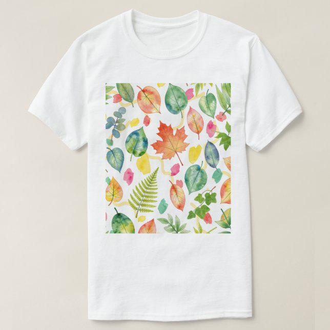 Camiseta Padrão Colorido de Folhas de Outono (Frente do Design)