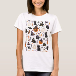 Camiseta Padrão contínuo de Halloween fofo com gatos pretos