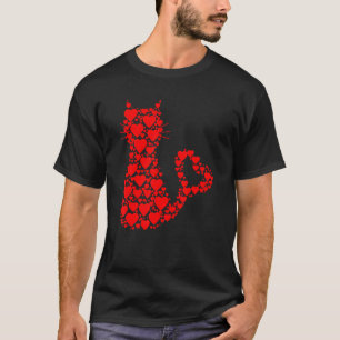 Camiseta Padrão Corações Vermelhos Amantes de Gatos Dia dos