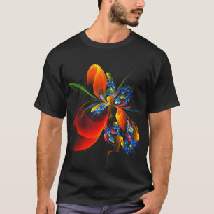 Camiseta Padrão de Abstrato de Arte Floral Azul Laranja Mod