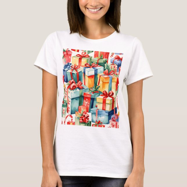 Camiseta Padrão de Aquarela Colorida de Presentes de Natal (Frente)