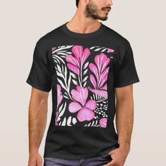 Camiseta Padrão De Aquarela Floral Rosa Quente Com Matizes 