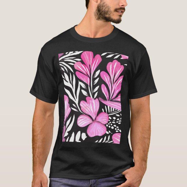 Camiseta Padrão De Aquarela Floral Rosa Quente Com Matizes  (Frente)