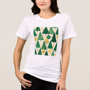 Camiseta Padrão de árvore de Natal abstrata verde e dourada