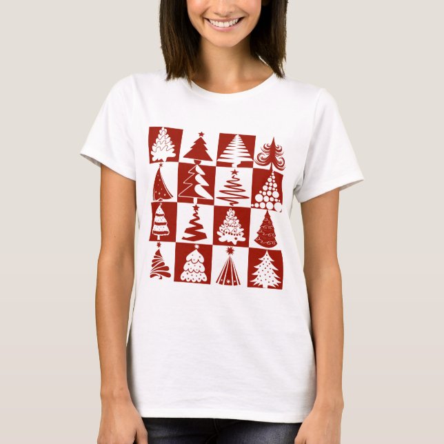 Camiseta Padrão de Árvore de Natal Vermelho Moderno (Frente)