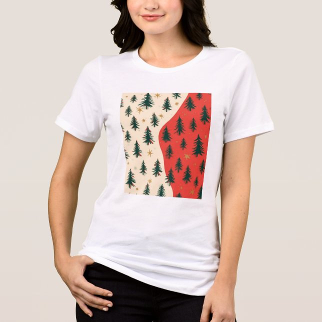 Camiseta Padrão de Árvores de Natal Vermelhas e Verdes Vint (Frente)
