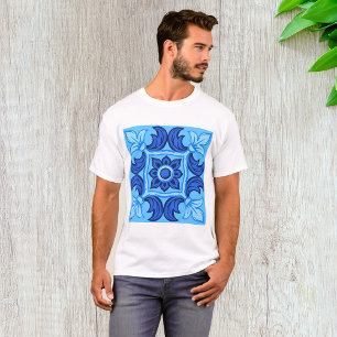 Camiseta Padrão de Azulejo Floral Azul Vintage Mediterrâneo