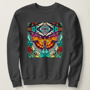 Camiseta Padrão de Batik de Borboleta e Medalhões em Laranj
