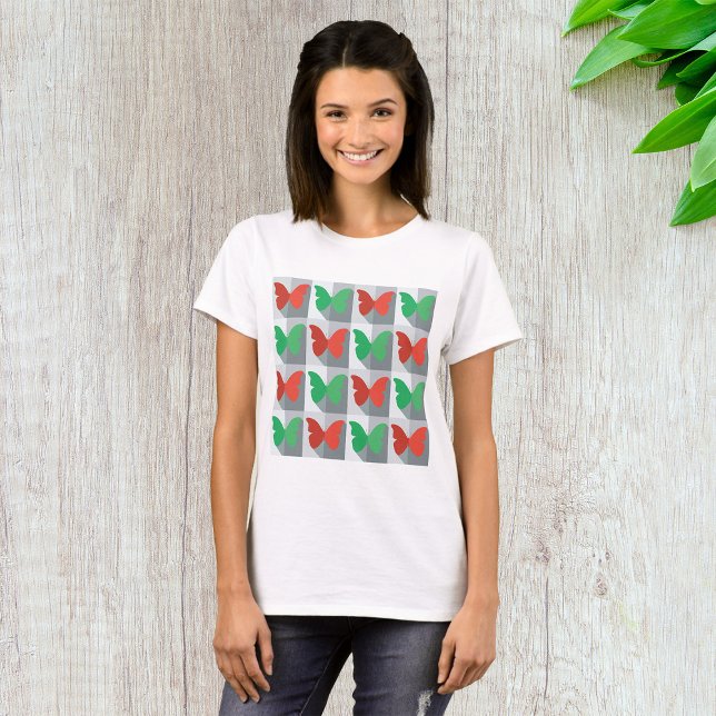 Camiseta Padrão de Borboleta Vermelha e Verde (Criador carregado)