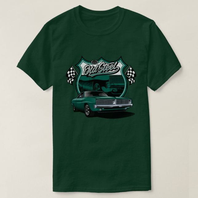 Camiseta Padrão de Corrida de Carro Antigo Clássico em Aço (Frente do Design)