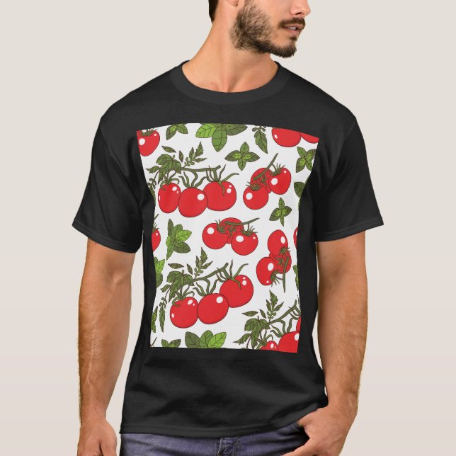 Camiseta Padrão de cozinha sem costura de tomate Basil (Frente)
