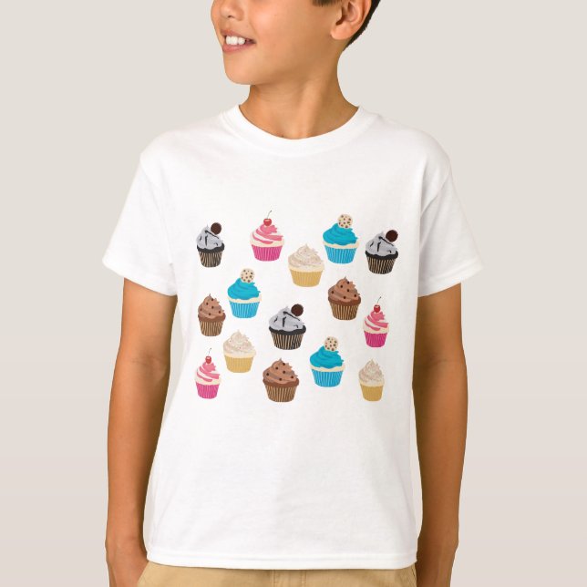 Camiseta Padrão de Cupcakes Cute Coloridos (Frente)