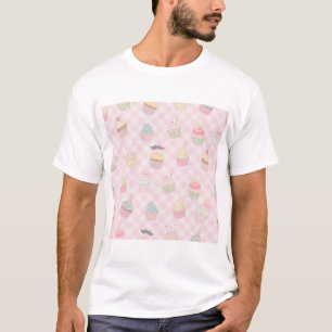 Camiseta Padrão de Cupcakes Fofos em Xadrez Rosa Pastel