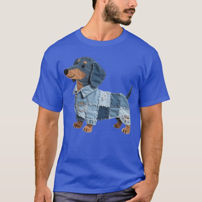 Camiseta Padrão de Dachshund Jeans Patchwork Arte Divertida (Frente)