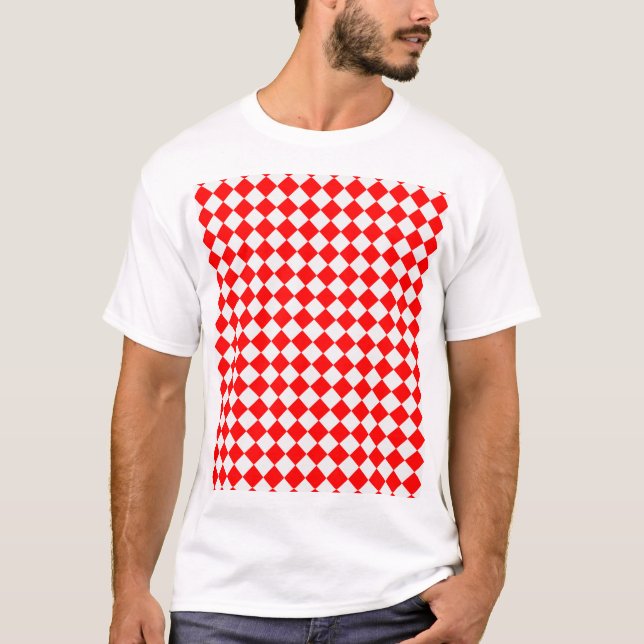 Camiseta Padrão de Diamante Vermelho e Branco por ShirleyTa (Frente)