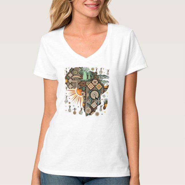 Camiseta Padrão de Elementos Tribais Decorativos do Mapa da (Frente)