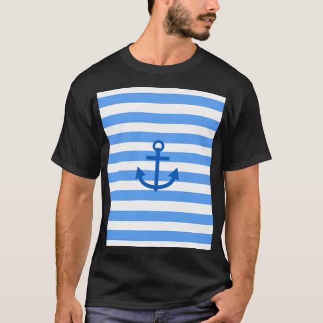 Camiseta Padrão de faixa azul e branca com âncora (Frente)