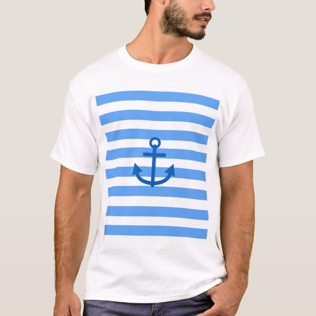 Camiseta Padrão de faixa azul e branca com âncora (Frente)
