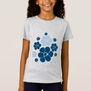 Camiseta Padrão de Flor - Azul Escuro, Azul Claro e Creme