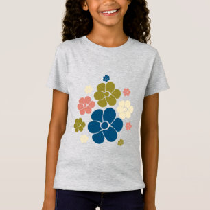 Camiseta Padrão de Flor - Azul, Verde Oleícola, Rosa e Crem