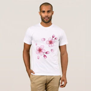 Camiseta Padrão de Flor de Cerejeira Cor de Água Rosa