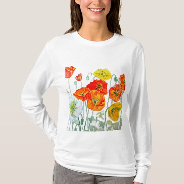 Camiseta Padrão de Flor de Papoula Vermelha Laranja Aquarel (Frente)