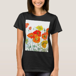 Camiseta Padrão de Flor de Papoula Vermelha Laranja Aquarel