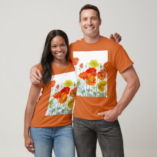 Camiseta Padrão de Flor de Papoula Vermelha Laranja Casamen