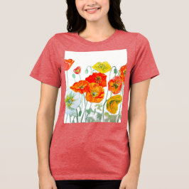 Camiseta Padrão de Flor de Papoula Vermelha Laranja em Aqua