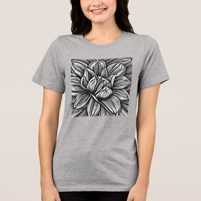 Camiseta Padrão de Flor de Peônias Gigante em Preto e Branc (Frente)