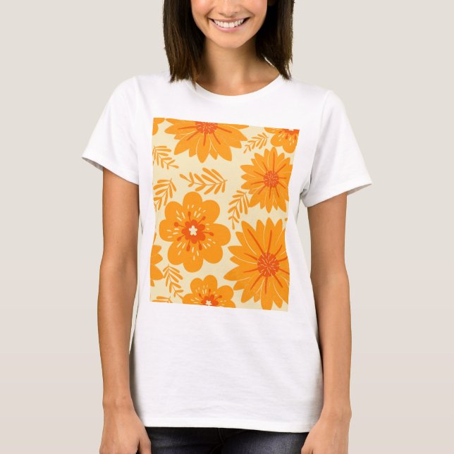 Camiseta Padrão de Flor Laranja do Meio século de Imagem Re (Frente)