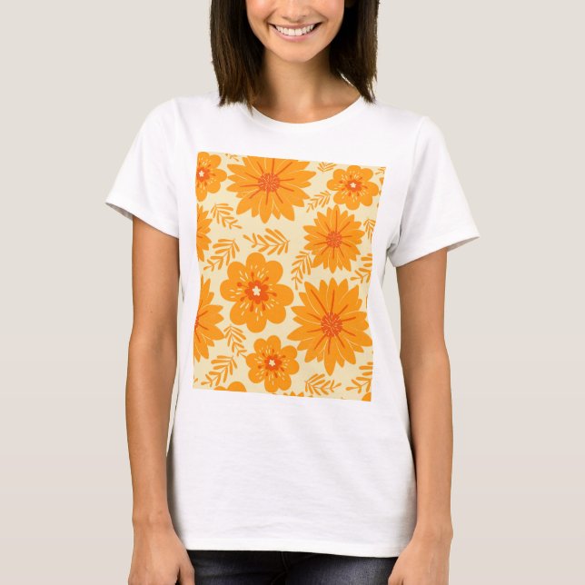 Camiseta Padrão de Flor Laranja do Meio século de Imagem Re (Frente)